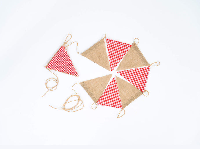 3m / 11 flags Red Gingham and Hessian. Rustic Christmas Party Bunting