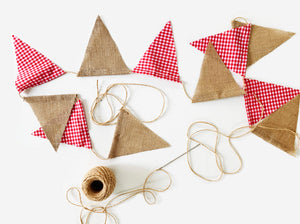 3m / 11 flags Red Gingham and Hessian. Rustic Christmas Party Bunting