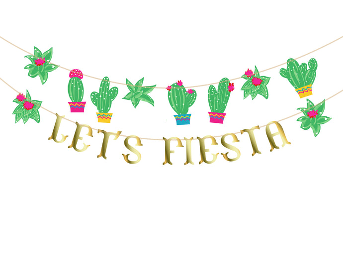 Mexican Cactus Party Bunting + Let's Fiesta Banner - Digital Design